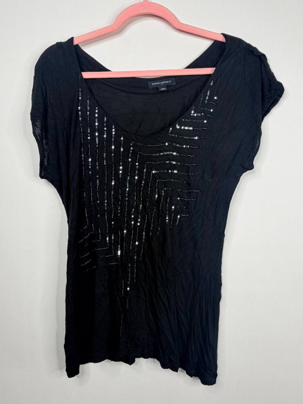2/$30 Banana Republic Sequin Scoop Neck Top Cap Sleeve Black Large #A2581 - Picture 3 of 7